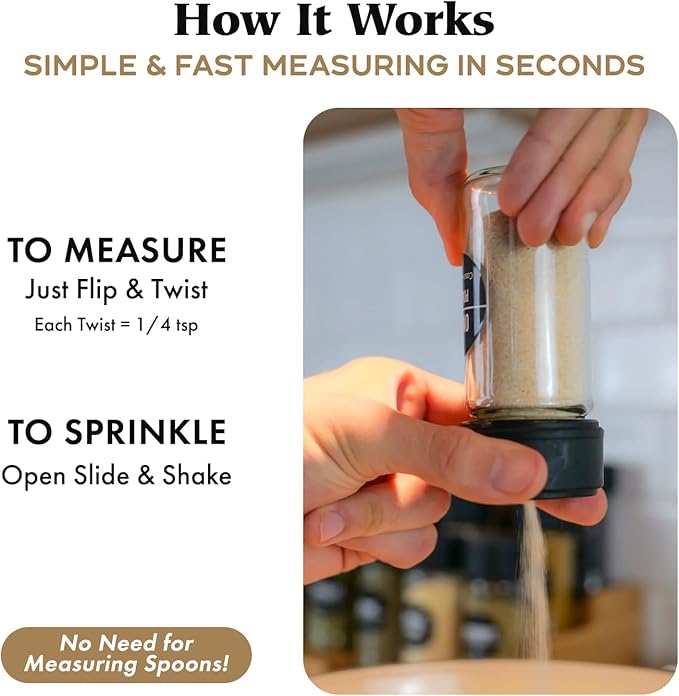 Glass Spice Jars & Measuring Caps Set - Twist Cap Measures 1/4 Tsp Container Keeps Spices Fresh & Organized - 4oz Spice Jars with Lids Includes Labels & Funnel -12 Pack