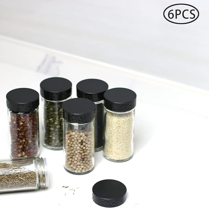 6pcs Black Spice Jars, 3 oz Glass Seasoning Bottles, Spices Container, Empty Spice Jars,Round Spice Bottles with Airtight Plastic Caps with Shaker Lids