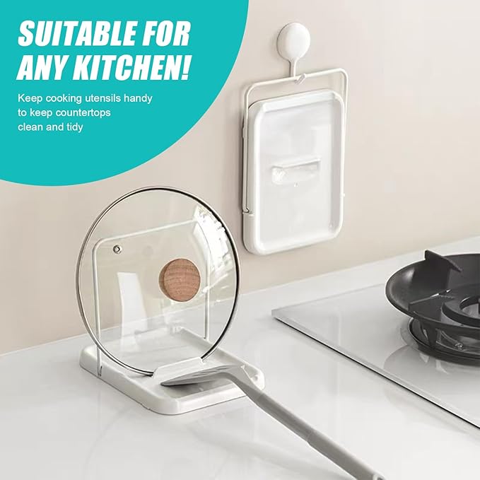 Pot Lid Holder, Spoon Holder for Stove, Foldable Pan Lid Organizer Stand with Nonslip Pads, Multifunctional Utensils Pan Pot Cover Lid Rack Shelf for Kitchen Counter, White