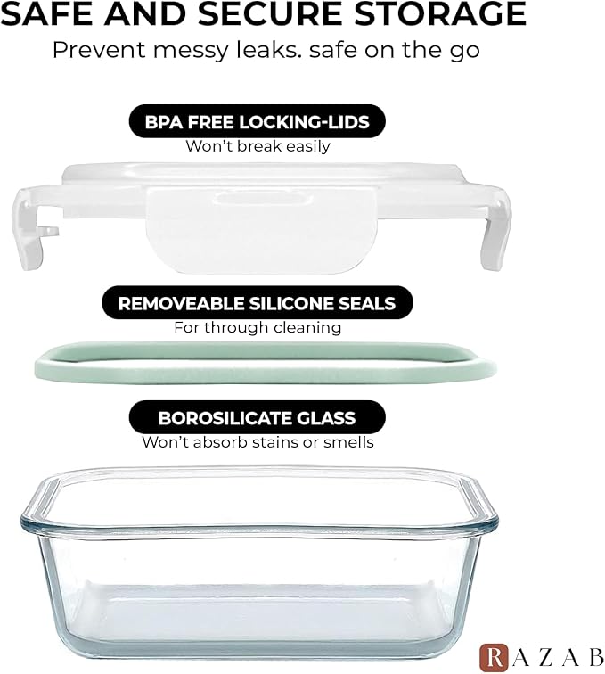 Razab 10 Pcs Glass Food Storage Containers with Lids – 40, 27, 17 Oz | Airtight Glass Storage Containers, BPA-Free meal prep containers reusable glass - Leakproof Kitchen Containers for Organizing