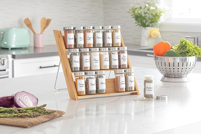 Orii 18 Jar Bamboo Compact Spice Organizer for Countertop and Kitchen Drawer, Filled with Spices, Program
