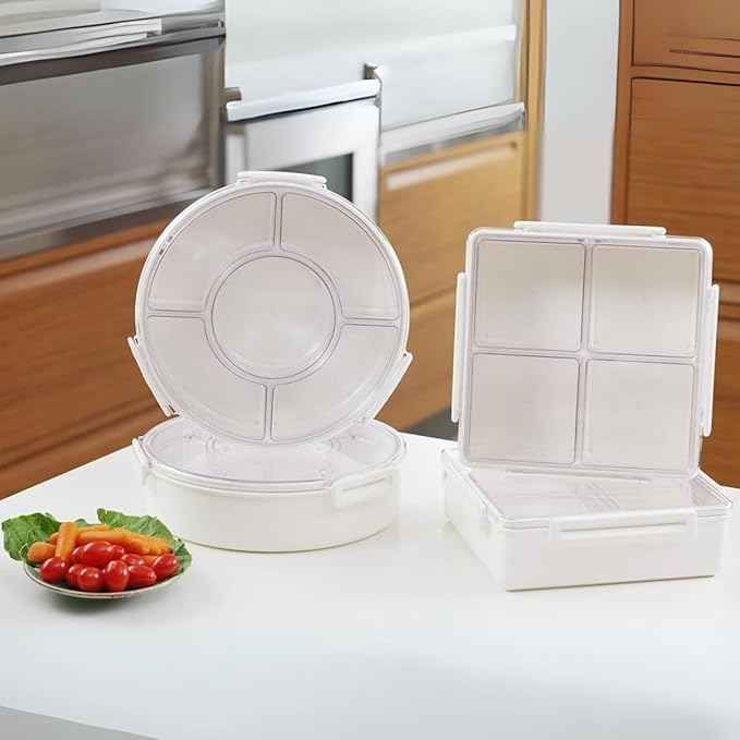 Gourmet Palette Airtight 5-Compartment Round Serving Tray with Lid, Portable Snackle Platter, Charcuterie Organizer Box, Removable Dividers for Fruit, Veggies, Snacks, Appetizers and More