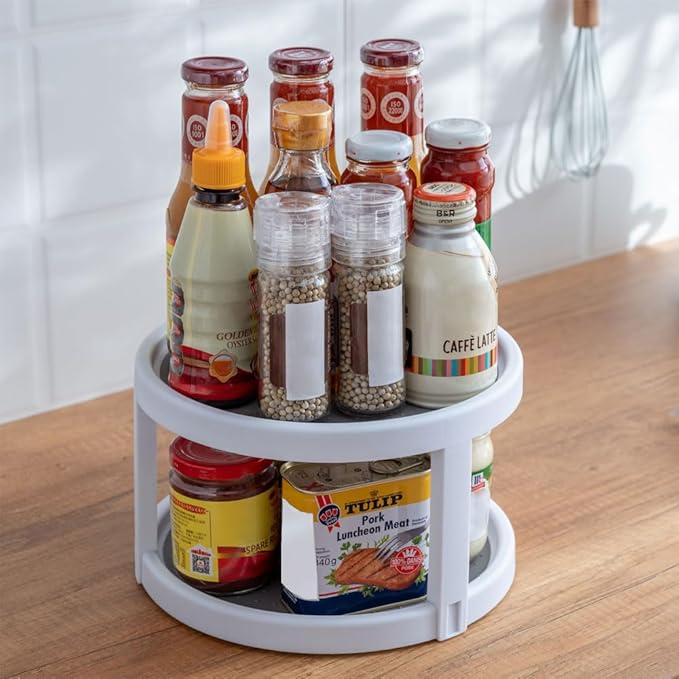 2 Tier Non Skid Spice Rack Turntable, 10 Inch Spinning Organizer, Non Skid Lazy Susan Turntable, 360° Rotating Seasoning Organizer for Kitchen, Pantry Cabinet, Refrigerator, Bathroom, Gray/White