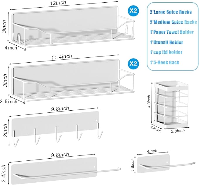 Magnetic Spice Rack for Refrigerator,8 Pack Magnetic Fridge Shelf, Moveable Spice Organizer with Hook Rack, Paper Towel Holder, Utensil Holder,cup lid holder, Super Magnetic Rack Set (White)