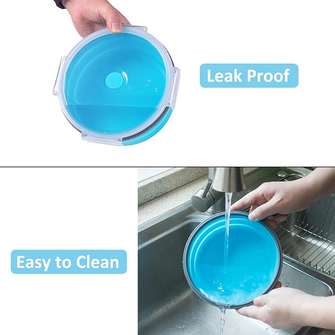 Collapsible Food Storage Containers with Airtight Lid & Vent, 40.5 oz, Kitchen Stacking Silicone Collapsible Meal Container Set for Leftover, Microwave Freezer Dishwasher Safe, Blue Round, Set of 4