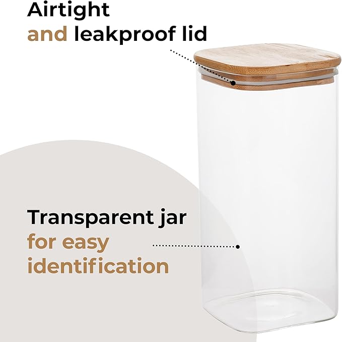44oz Square Borosilicate Glass Canister With Bamboo Lid, Airtight Pantry Storage Jar Containers Ideal for Rice, Candy, Sugar, Flour, Nuts, Cookies and Coffee Beans (4 Pack)