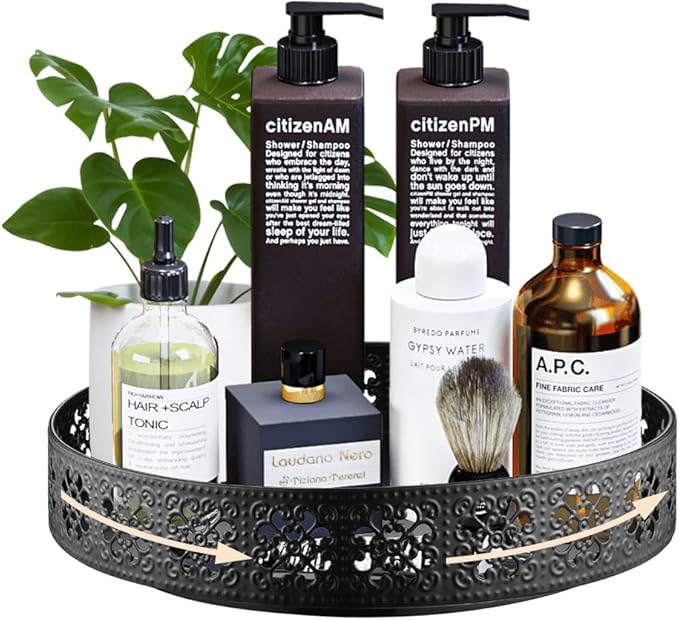 LEMIKKLE Rotating Turntable Vanity Tray 11 Inch for Perfume Candle, Bamboo Kitchen Sink Countertop Organizer for Keep Glass, Sponge and Soap Bathroom Organizer Coffee Table Decorative Tray Black