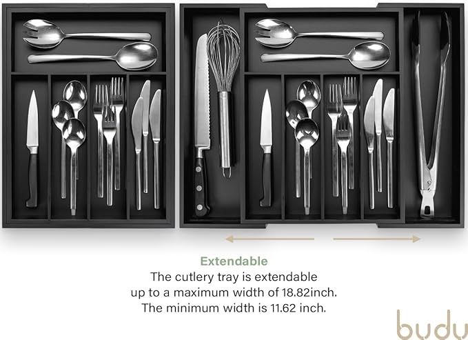budu Silverware Drawer Organizer #15.0" Depth – Black - Utensil Holder, Kitchen Drawer Organizers for Flatware, Cutlery – Perfect Utensil Organizer for Silverware & Other Kitchen Organization Tools