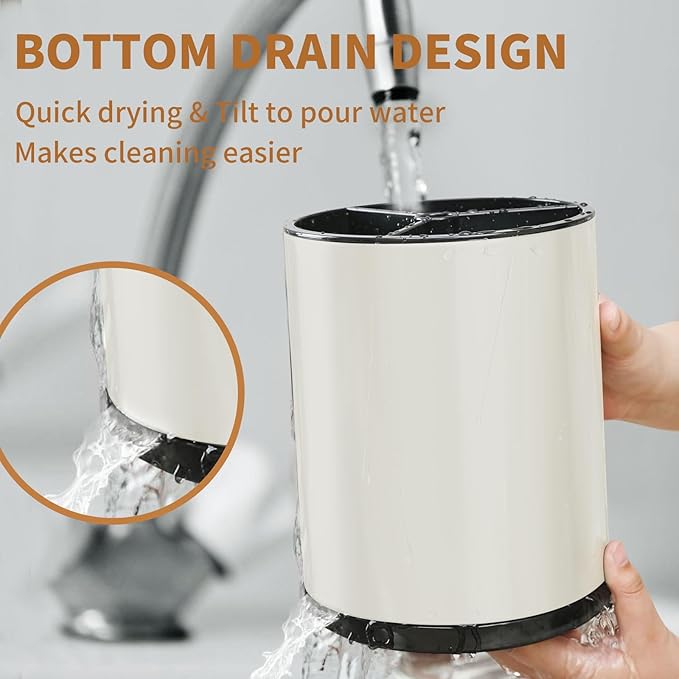 Extra Large Kitchen Utensil Holder - 360° Rotating Stainless Steel Cooking Utensil Holder for Countertop, 3 Compartment Flatware Organizer & Utensil Caddy with Removable Base(Cream)