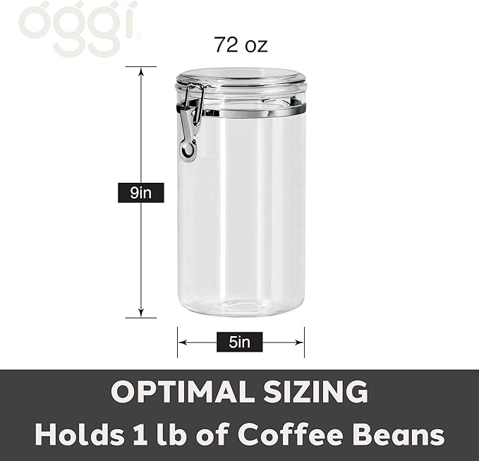 OGGI Large Clear Canister with Clamp Lid, 72 oz - Large Airtight Food Storage Container, for Kitchen & Pantry Storage of Bulk, Dry Foods, Pasta, Flour, Sugar, Coffee, Rice, Tea, Spices & Herbs
