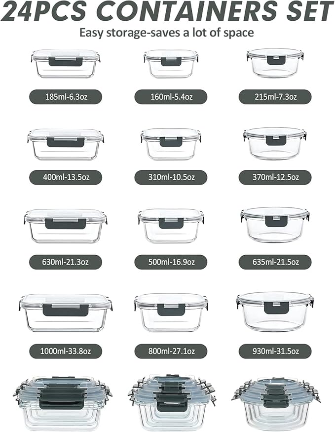 VERONES 24 Pieces Glass Food Storage Containers Set, Airtight Glass Lunch Containers, Glass Meal Prep Containers with Lids,Exclusive of BPA, for Microwave, Oven, Freezer & Dishwasher Friendly,Grey