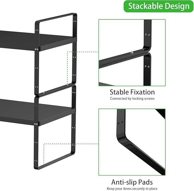 Expandable Kitchen Cabinet Shelf Organizers 2 Pack, Stackable Metal Pantry Storage Shelves Rack, Adjustable Counter Shelf for Cabinets, Countertop, Cupboard Organizers and Storage, Black