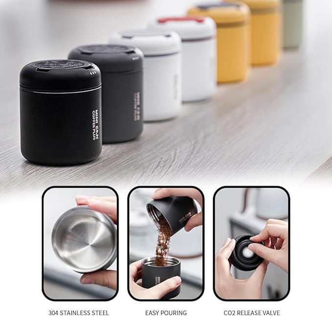 watchget Portable Mini Airtight Coffee Canister - 80ml Stainless Steel Coffee Bean Storage with CO2 Releasing Valves, Compact and Travel-Friendly Container for 30-35g Beans, Grounds, Dark Grey