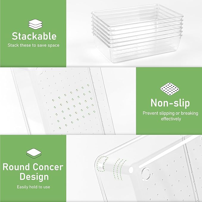 8 PCS Clear Plastic Drawer Organizer Tray, Acrylic Vanity Bathroom Drawer Organizers Trays, Desk Drawer Organizer Bins for Cosmetic, Makeup, Kitchen, Office, Junk Drawer Divider Organization