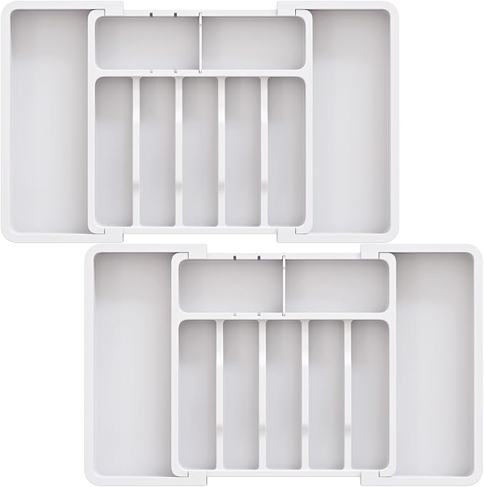 2 Pack Silverware Organizer, Expandable and Adjustable Kitchen Utensil Drawer Organizer, Plastic Cutlery Holder with Multiple Compartments,Cutlery Holder,for Spoons Forks Knives,White,UAFD012W