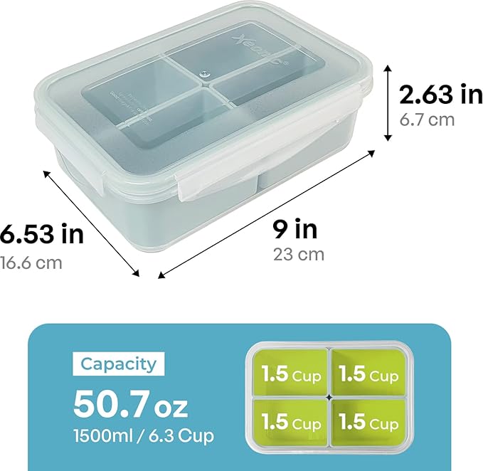 carrotez Food Storage Container with 4 Removable Compartments, Food Prep Container with Airtight Lids, Portion Control Container, Reusable, BPA Free, 6.3 Cup (1500ml)