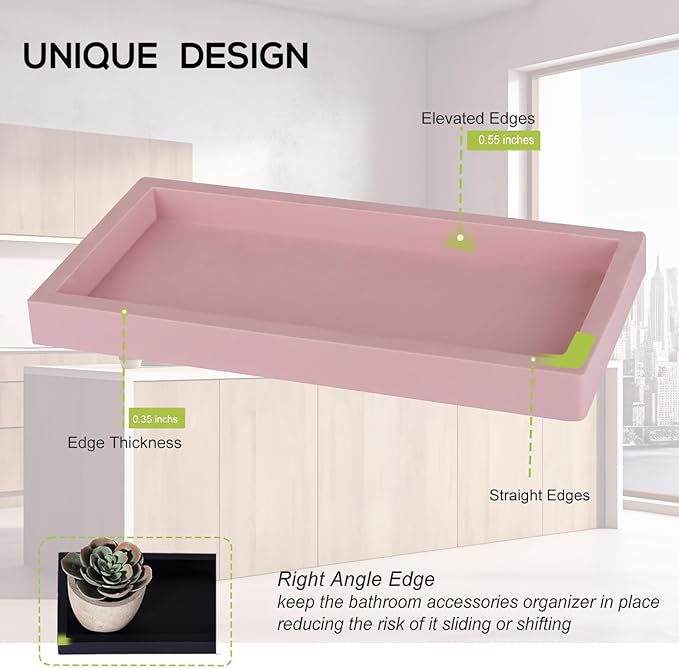 Small Silicone Bathroom Vanity Tray Rectangle Soap and Sponge Holder Kitchen Sink Organizer for Scrubber, Lotion Bottles, Perfume, Jewelry, Candle, Key Trinket Ring, Pink