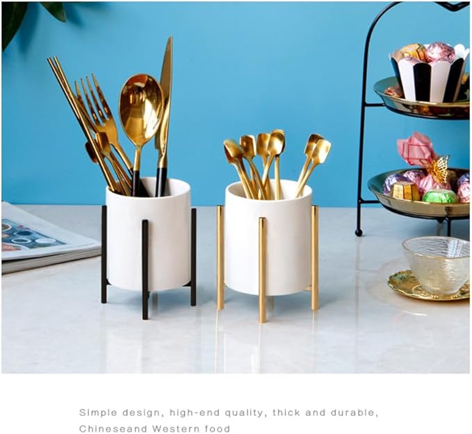 Coffee Spoon Holder,White Ceramic Silverware Caddy With Golden Metal Frame Chic & for Coffee Bar