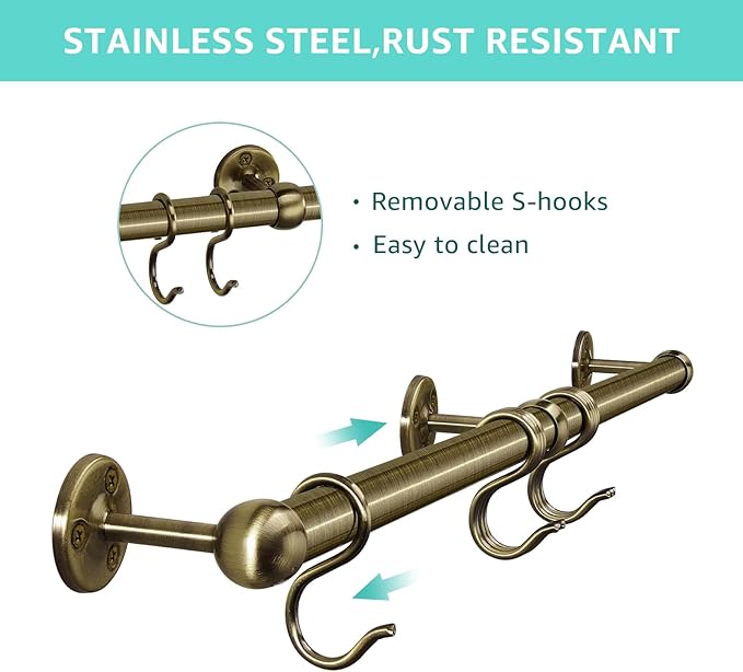 ROTHLEY Stainless Steel Hanging Pot Rack Hanger: 23.7 Inch Pot and Pan Hanger Wall Mounted Hanging Pot Bar Rack Heavy Duty Pot Hangers Kitchen Rail with 8 S Hooks (Antique Brass)