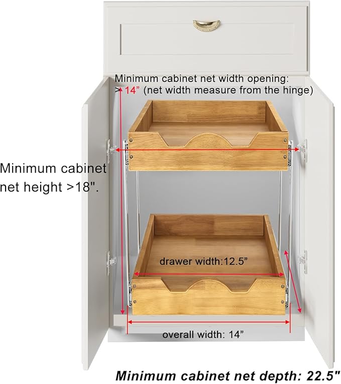 DINDON 2 Tier Pull Out Cabinet Organizer (14" W x 21" D) Double Tier Slide Out Wood Drawer Under Cabinet Storage And Organization