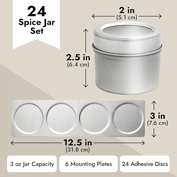 Talented Kitchen 24 Magnetic Spice Jars with Sift-and-Pour Lids for Refrigerator with 6 Metal Plate Bases and 269 Preprinted Seasoning Labels in 2 Styles for 3 oz Herb Containers