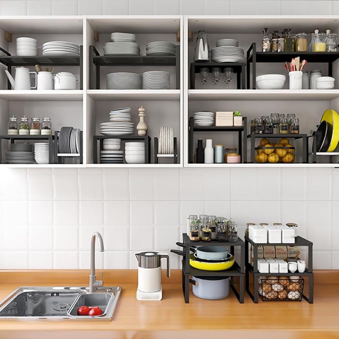 Stackable Cabinet Shelf Organizer Counter Storage Spice Rack Metal Space Saving for Kitchen Pantry Cupboard Countertop Bathroom Bedroom Under Sink Office, Black - Medium
