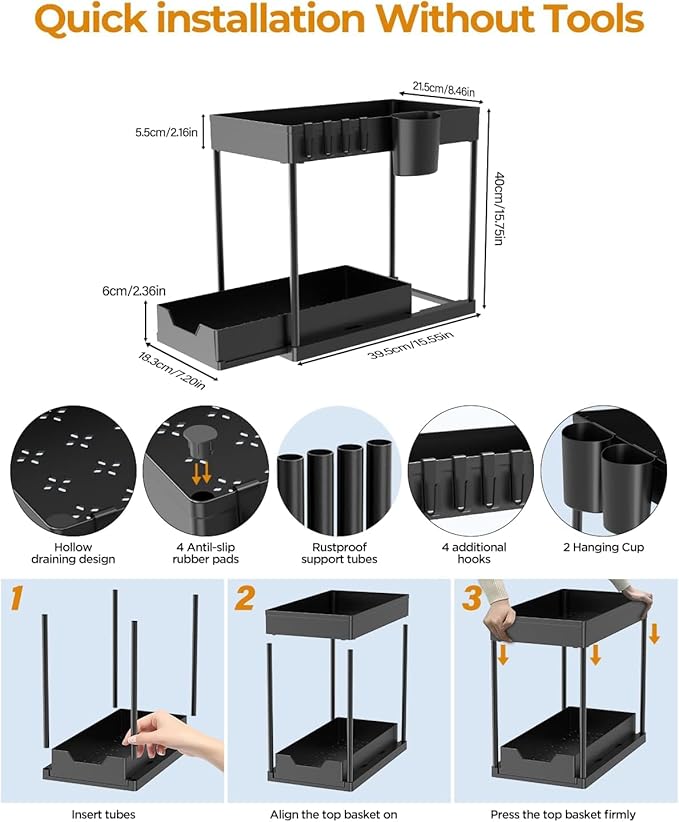 2 Pack Under Sink Organizers and Storage Bathroom, 2 Tier Under Sliding Kicthen Cabinet Basket Organizer with Hooks, Hanging Cup, Dividers, Handles, Multi-purpose Under Sink Shelf Organizer