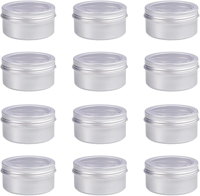 BENECREAT 12 Pack 2.7 OZ Tin Cans Screw Top Round Aluminum Cans Screw Lid Containers with Clear Window - Great for Store Spices, Candies, Tea or Gift Giving (Platinum)