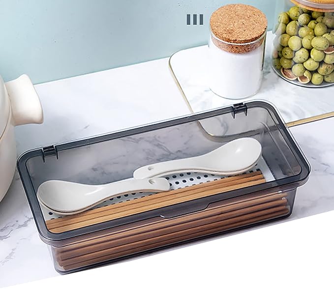 Flatware Tray Kitchen Drawer Organizer With Lid And Drainer - Plastic Kitchen Cutlery Tray and Utensil Storage Container with Cover 10.0 Inch - Dinnerware Holder for Spoons Forks Knives Coffee