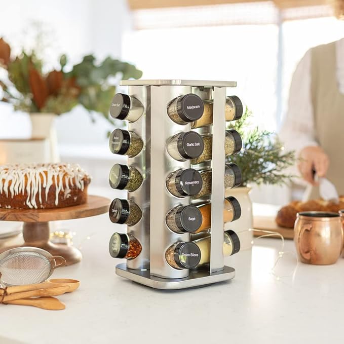 Orii 20 Jar Spice Rack with Spices Included - Revolving Tower Organizer for Kitchen Spices and Seasonings, (Stainless Steel)