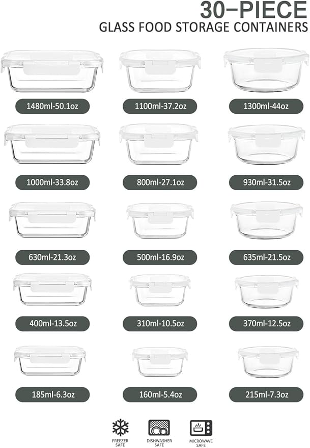 M MCIRCO 30 Pieces Glass Food Storage Containers with Upgraded Snap Locking Lids,Glass Meal Prep Containers Set - Airtight Lunch Containers, Microwave, Oven, Freezer and Dishwasher Friendly (White)