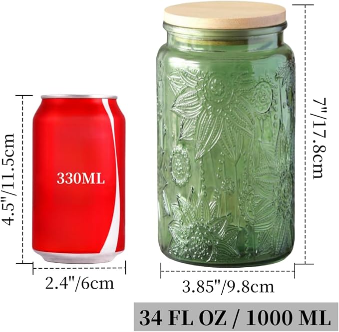 ANSQU Green Glass Canister, 34oz Candy Jar with Lid, Vintage Colored Mason Jars for Kitchen Decorative Jar for Coffee Tea Candy Cookies, Cute Jars (Green, 1 Pack)
