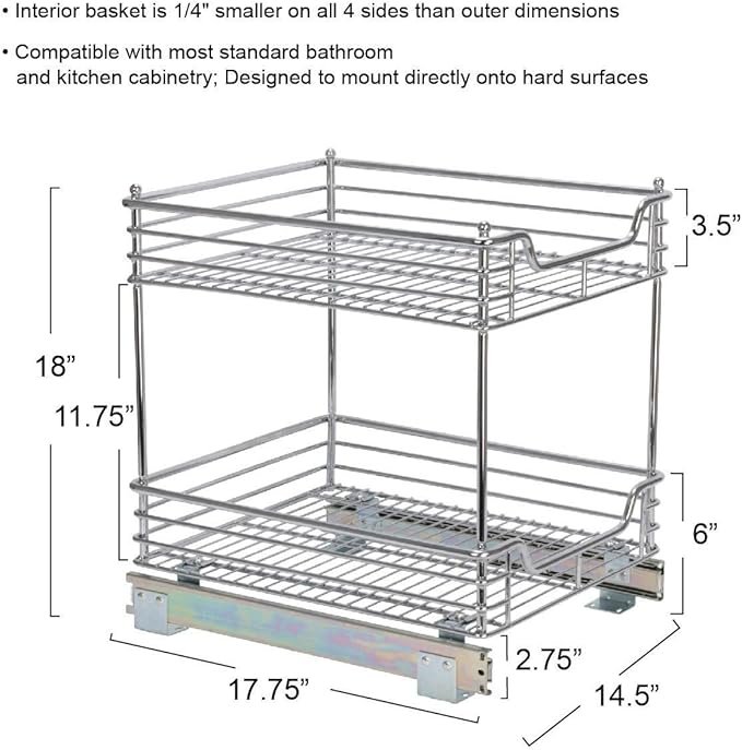 Household Essentials Glidez Multipurpose Chrome-Plated Steel Pull-Out/Slide-Out Storage Organizer for Under Cabinet Use - 2-Tier Design - Fits Standard Size Cabinet or Shelf, Chrome