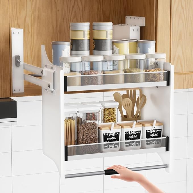 33.8-35.8 Inch Pull Down Shelf Upper Kitchen Wall Cabinet Storage Organizer, Ideal Spice Rack Organizer, Black
