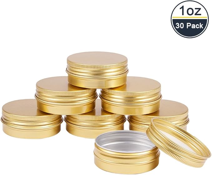 BENECREAT 30 Pack 1 OZ Round Tin Cans Screw Top Aluminum Cans with Lids for Lip Balm, Scrubs, Spices, Candies, Tea and Other Gift Giving (Gold)