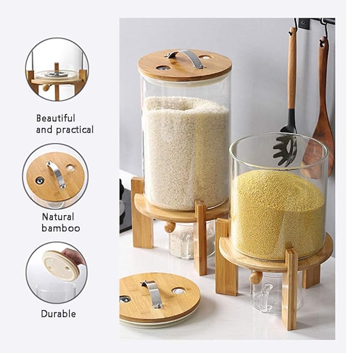 Flour and Cereal Container, 5L/8L, Rice Dispenser, Creative Glass Food Storge Container for Kitchen Organization and Pantry Store, Airtight Lid and Wooden Stand8L
