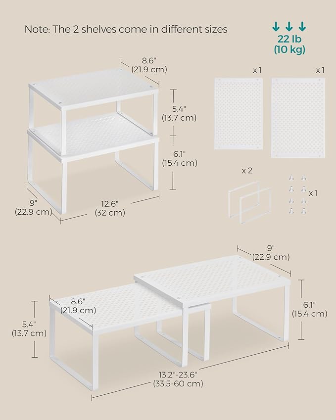 SONGMICS Spice Racks, Cabinet Shelf Organizers, Shelf Organizers, Countertop Organizers, Shelf Risers, Stackable, Expandable, Set of 4 Metal Kitchen Counter Shelves, White UKCS006W01