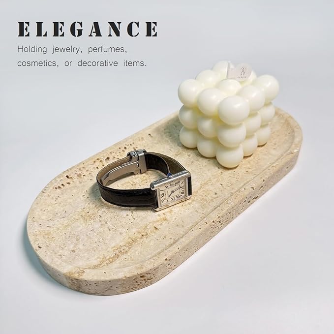 JINGJU Travertine Marble Oval Tray 10"x5", Natural Stone Decorative Tray for Jewelry, Candle, Bathroom Counter, Coffee Table, Perfume Display