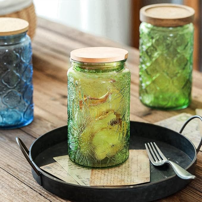 Vintage Glass Jar with Lid, 34 oz Decorative Mason Jar for Home Kitchen Storage Coffee Tea Sugar Biscuit Candy Jar (Green, 1 Pack)