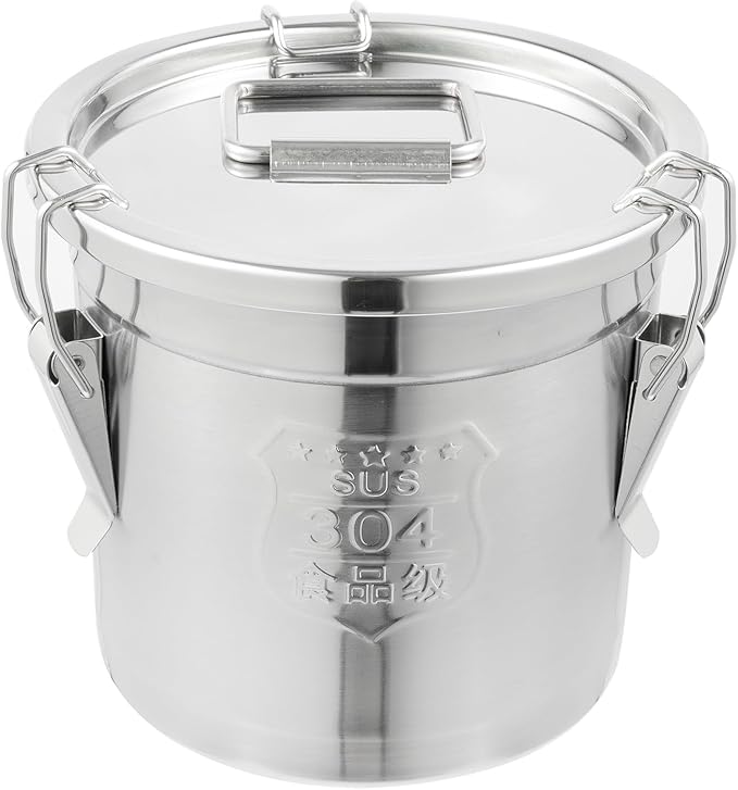 DYNAMI 304 Stainless Steel Containers With Lid,202oz Flour Containers Airtight Canister for Kitchen,Metal Canisters Bucket Milk Jug Coffee Bean Cookies Canisters with Locking Clamp (6L/1.6Gal)