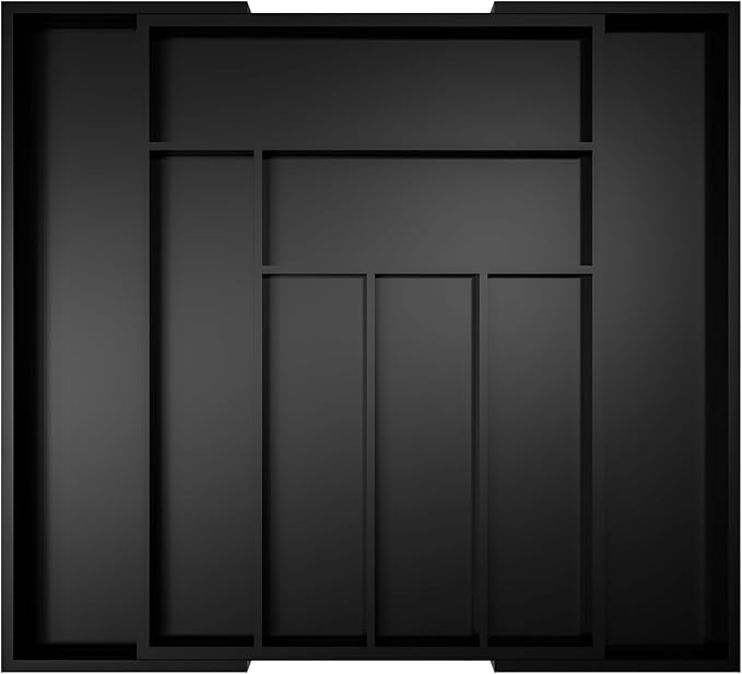 Silverware Organizer Utensil Drawer Organizer - Bamboo Silverware Drawer Organizer Expandable 8 Slots Flatware Organizer For Kitchen Utensils, Art Set, Cosmetic Tools W12.7-19" x L17.2" (Black)