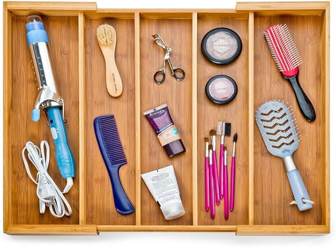 Seville Classics Bamboo Premium Organizer Storage Bins for Kitchen Silverware, Pantry, Closet, Office Desk, Pens, Utensils, Makeup, K Cup, Bamboo, Expandable Tray (5 Compartment)