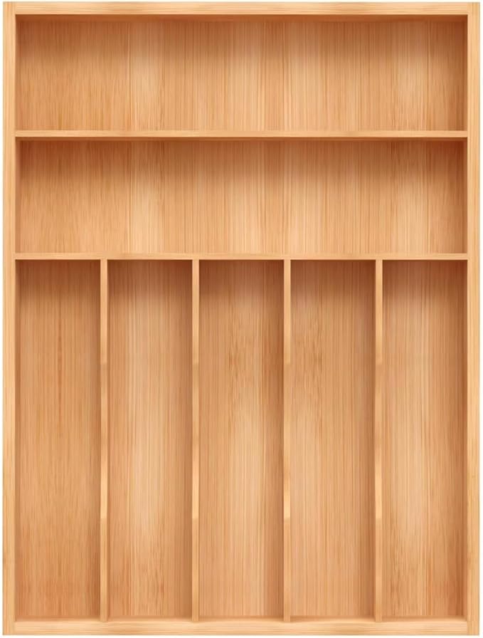Sliverware Organizer, Bamboo Kitchen Drawer Organizer, Flatware Organizer Tray Holder for Sliverware, Utensil & Cutlery (7 Slots, Natural)