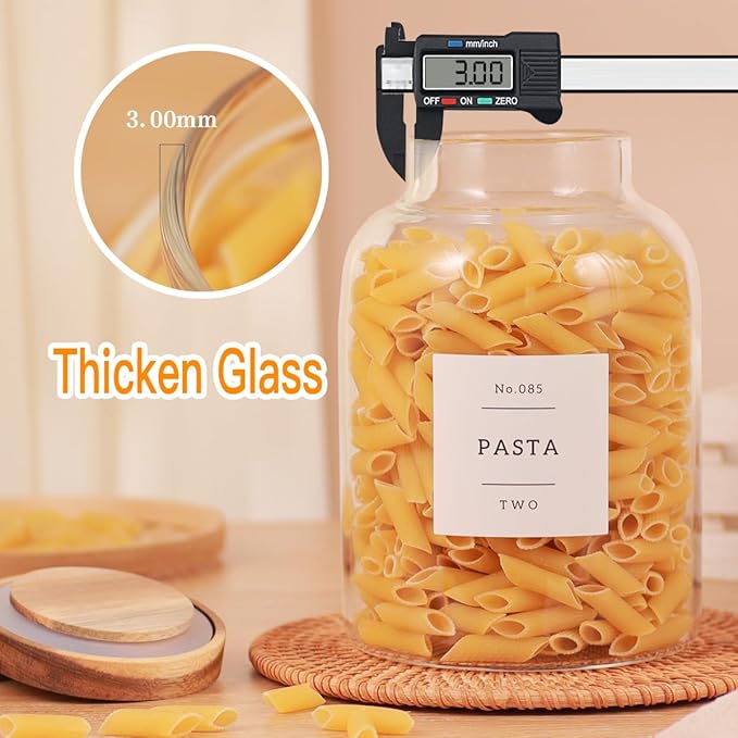 High Borosilicate Glass Jar with Airtight Acacia Lid and 132 Kitchen Panty Labels Preprinted - 67 Fl Oz Thicken Glass Food Storage Container Canister for Coffee, Brown Sugar, Candy, Cookie, Cereal