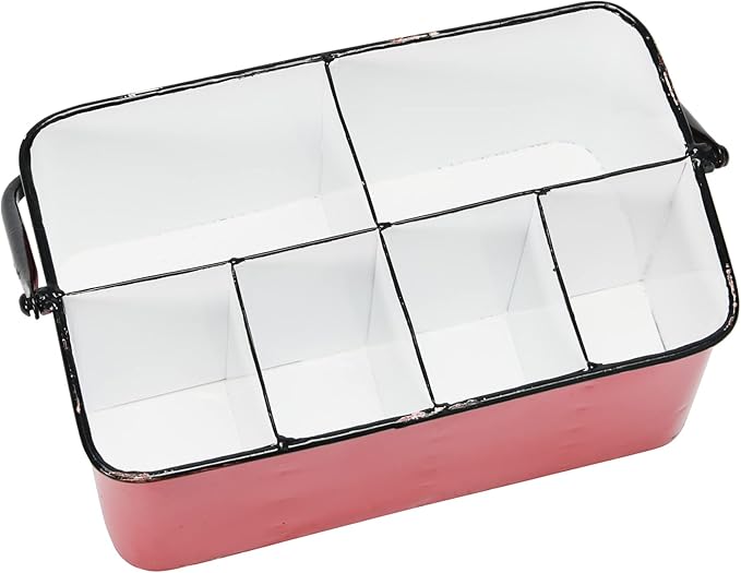 Creative Co-Op Farmhouse Metal Storage Caddy with 6 Compartments and Handle, Distressed Red and White