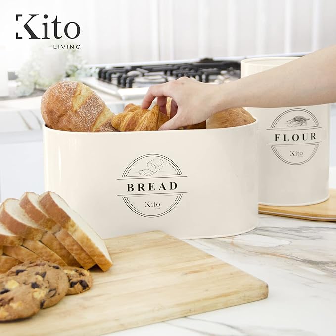 Canisters Sets for Kitchen Counter Storage and Organization with Wooden Bamboo Lids, Food Pantry Containers, Stackable Steel Storage Bins, Airtight Bread and Flour Containers - Cream