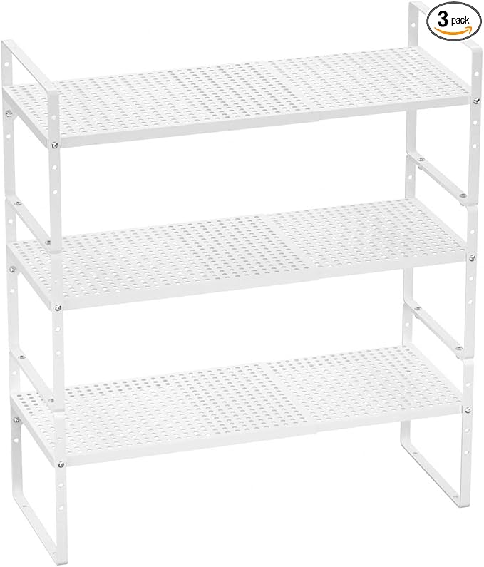 Cabinet Shelf Organizer Expandable Spice Rack Stackable Countertop Organizer for Cabinet Pantry Counter Under Sink Shelves Storage Shelf Rack for Kitchen Home Office,White,3 Packs