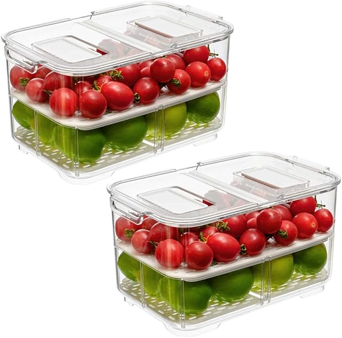 SANNO Fridge Food Storage Container Storage Containers, Produce Saver with Lids and Vents,Vegetable Fruit Storage Containers Stackable Salad Lettuce Keeper for Refrigerator,set of 2