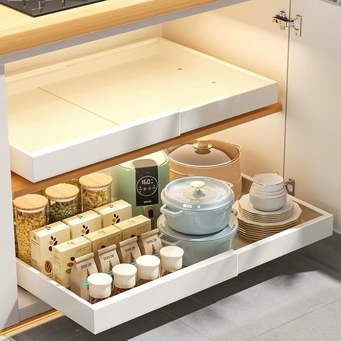 Pull Out Cabinet Organizer,Expandable(13.78''-19.69''),Strong load-bearing nano adhesive fixed metal shelf,Suitable for kitchen cabinets, sideboards, bathrooms, under sinks(16.9''Deep,White)
