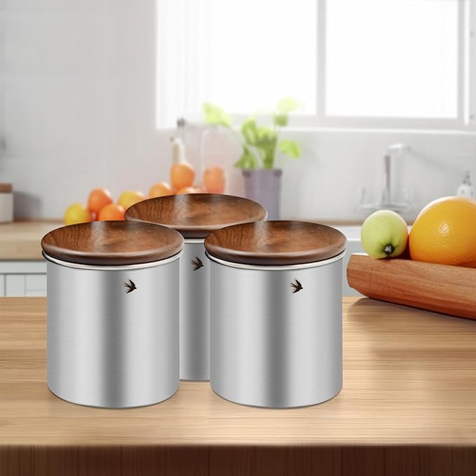 Food Storage Jar Canister with Airtight Walnut Wood Lid Elegant Design Stainless Steel Canister for Tea Coffee Sugar Spice Nuts Snacks Seasonings Storage Jar Caddy (12.8oz Natural)